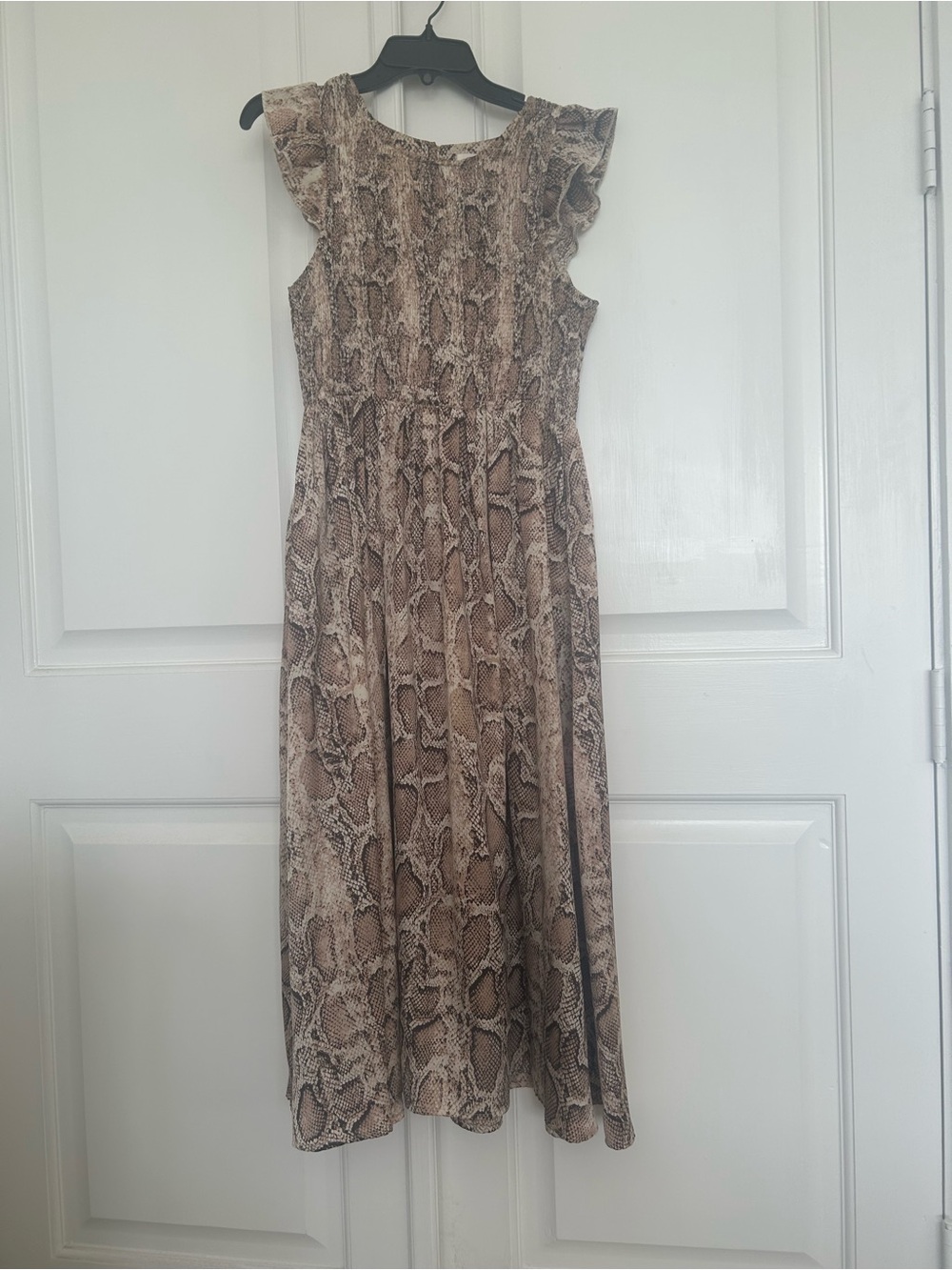 THML Snake Print Midi Dress with Ruffled Shoulders